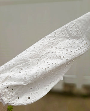 White Waffle Top w/ Eyelet Sleeves