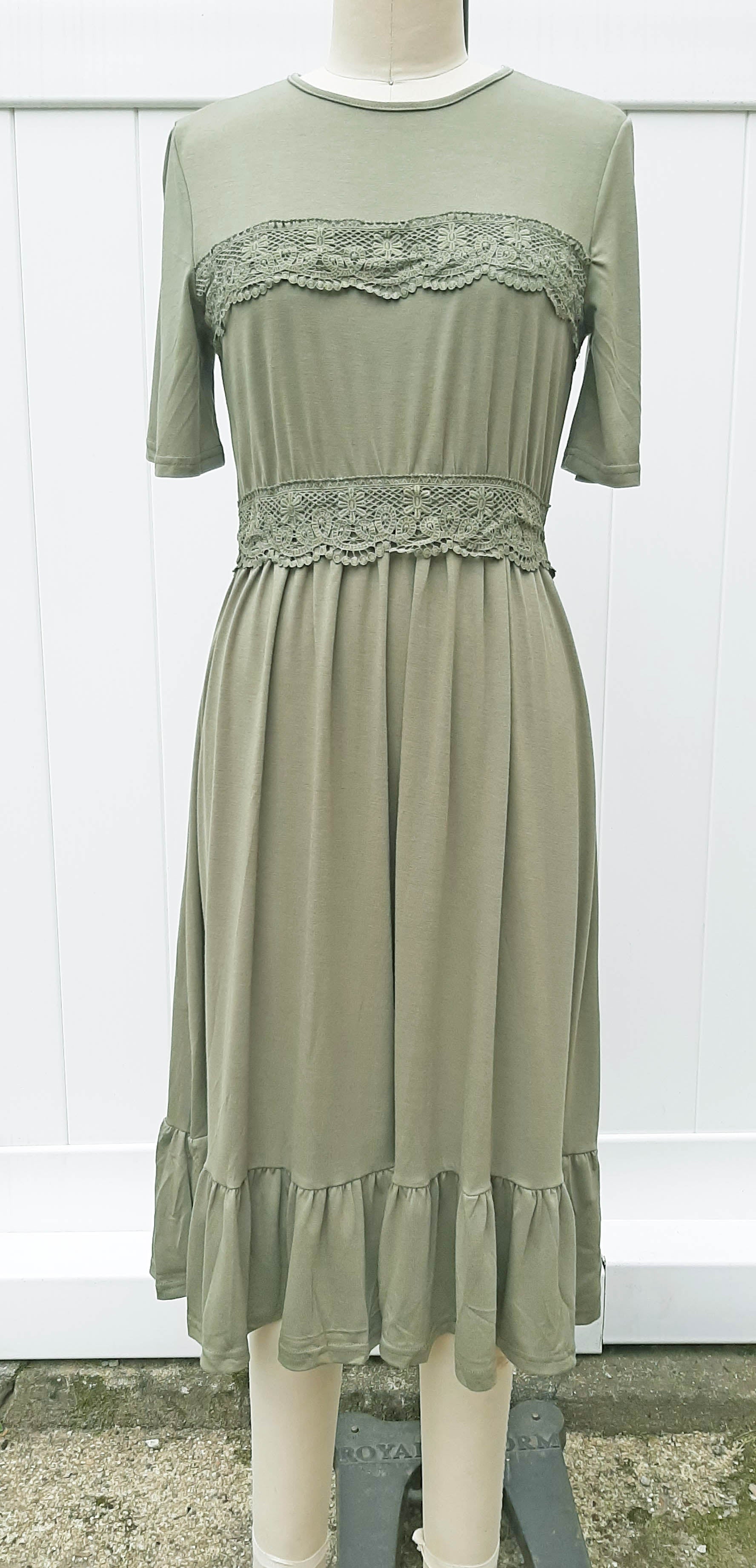 Olive Midi Swing Dress with Lace Trim