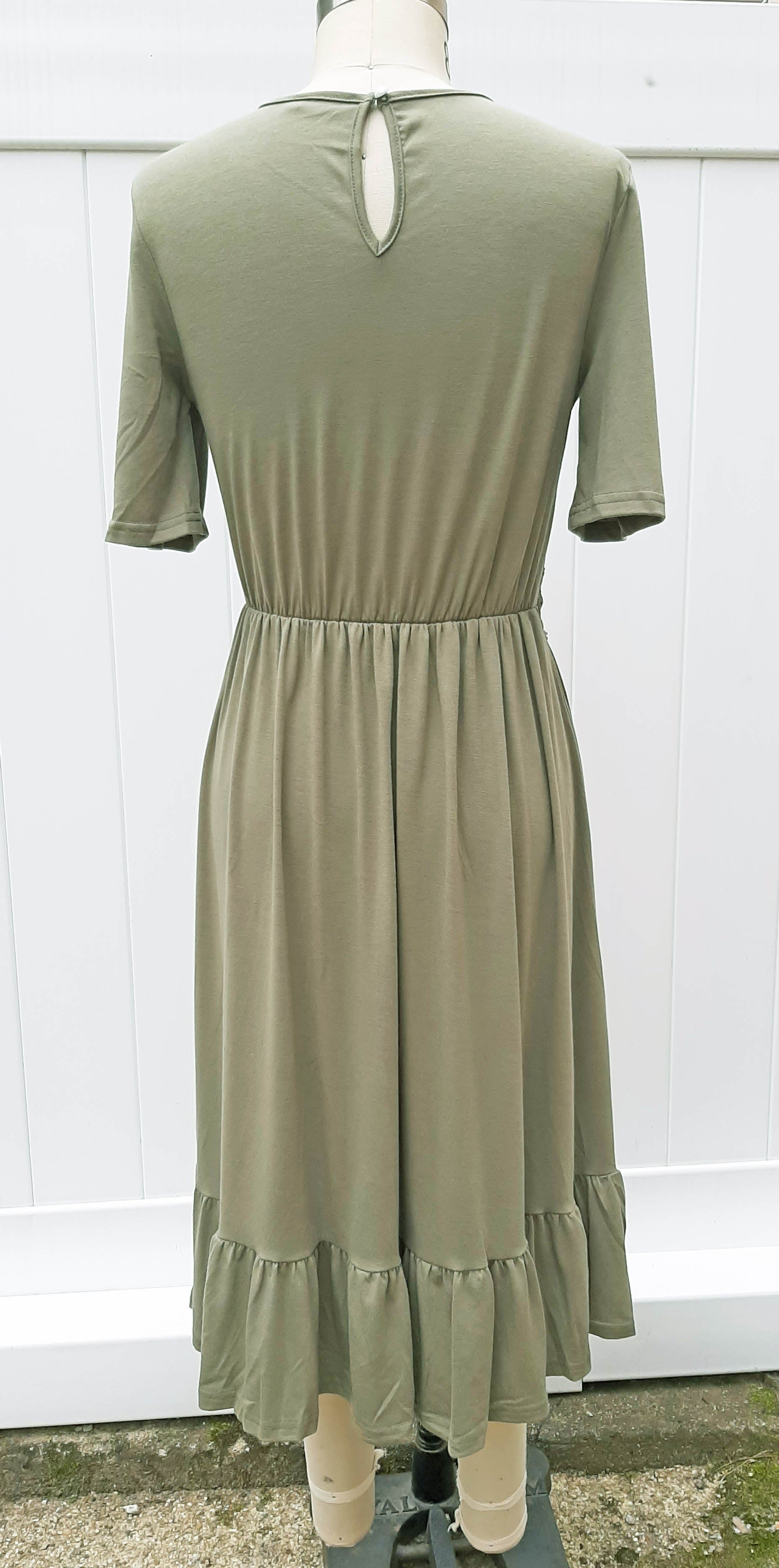 Olive Midi Swing Dress with Lace Trim