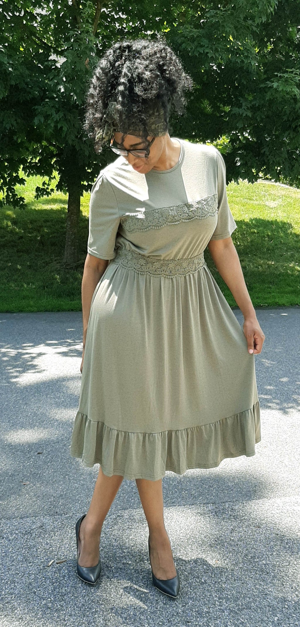 Olive Midi Swing Dress with Lace Trim