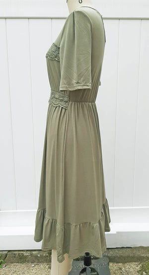 Olive Midi Swing Dress with Lace Trim
