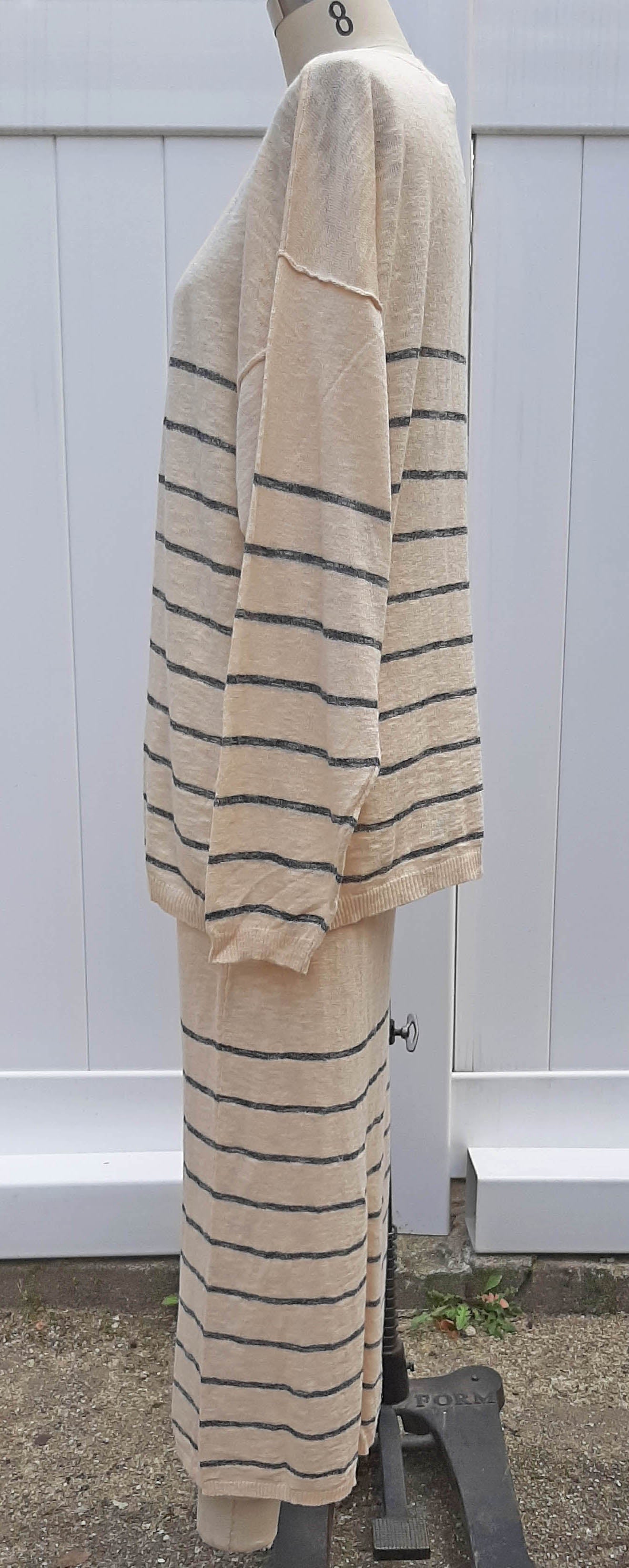 Beige Gray Stripe Knit Set