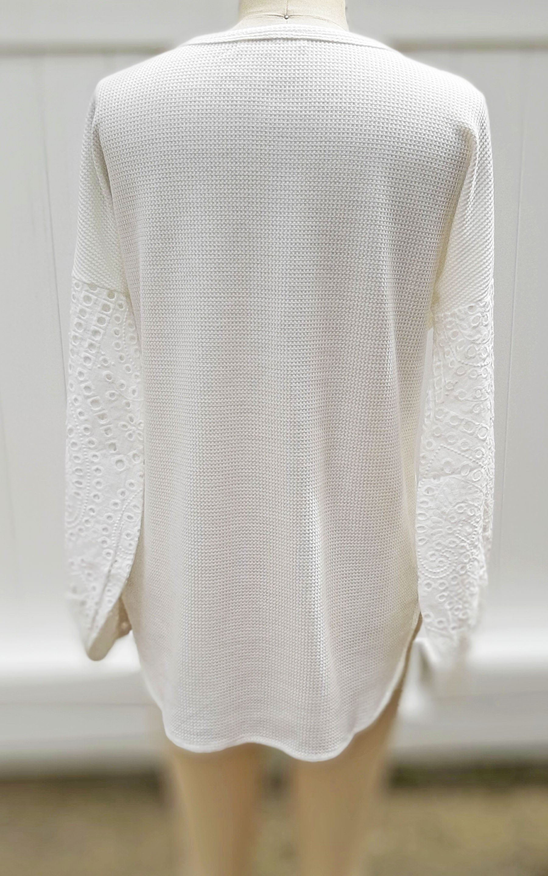 White Waffle Top w/ Eyelet Sleeves