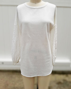White Waffle Top w/ Eyelet Sleeves