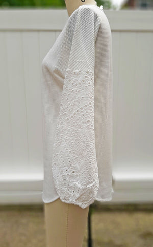 White Waffle Top w/ Eyelet Sleeves